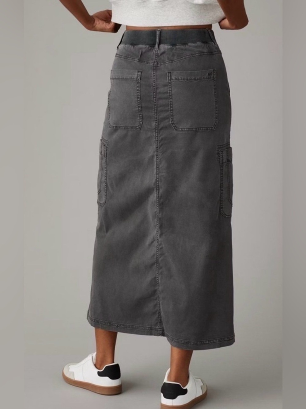 American Eagle Outfitters Gray Maxi Cargo Skirt Utility 8 drawstring Front slit - Picture 2 of 7